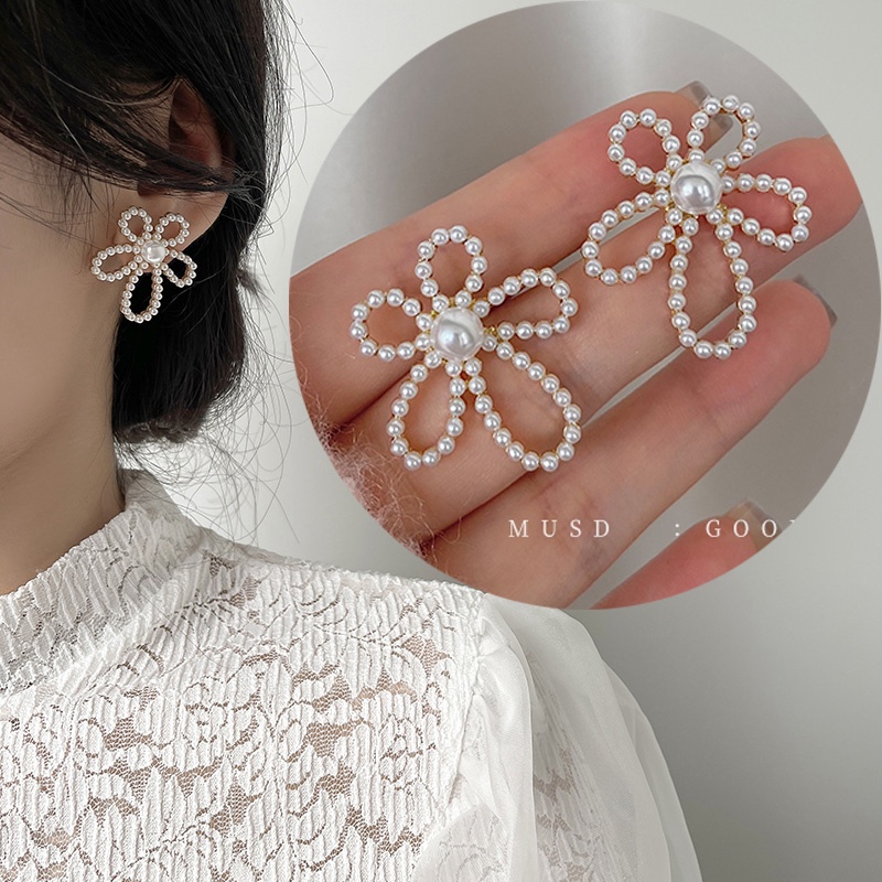 Bông Tai Mạ Bạc 925 Hình Hoa Đính Ngọc Trai Thời Trang Hàn Quốc 2022