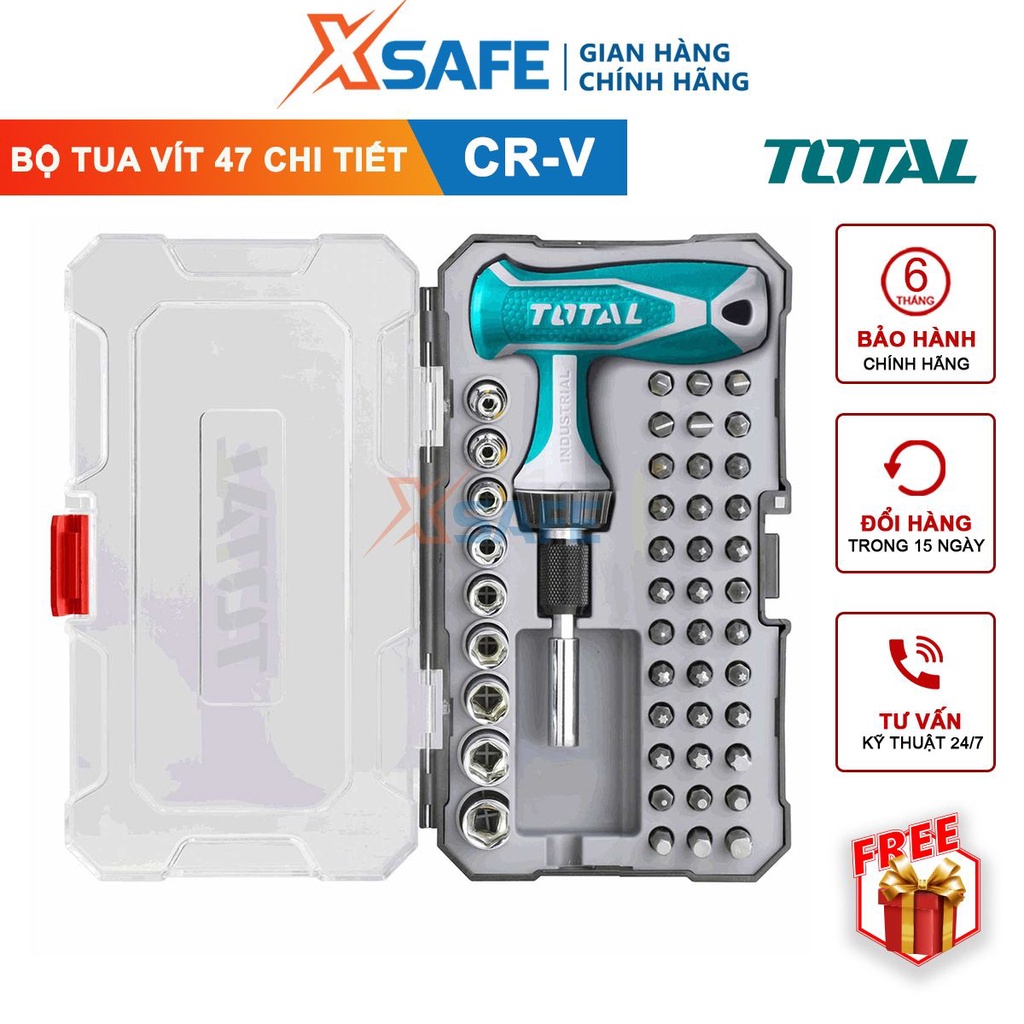 Bộ tua vít tay cầm chữ T 47 chi tiết đa năng TOTAL TACSD30476 đóng mở 2 chiều tự động có nam châm -