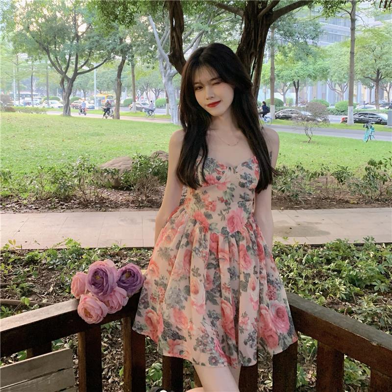 Đầm Chữ A Hai Dây Chiết Eo Cao In Họa Tiết Hoa Thời Trang Mùa Hè Mới Cho Nữ