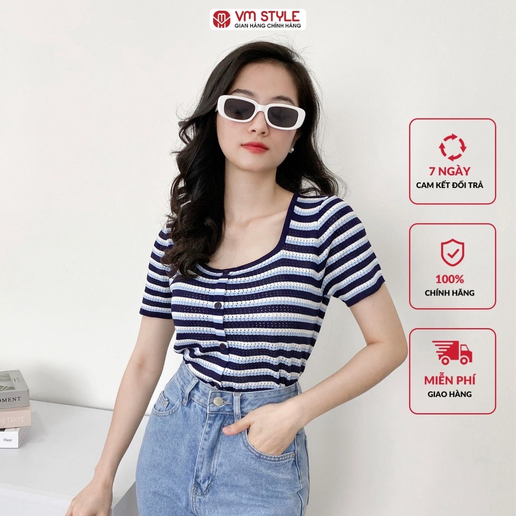 Áo len nữ VM STYLE tay ngắn cổ vuông croptop kẻ sọc ngang nhiều màu 22ALU03G10904