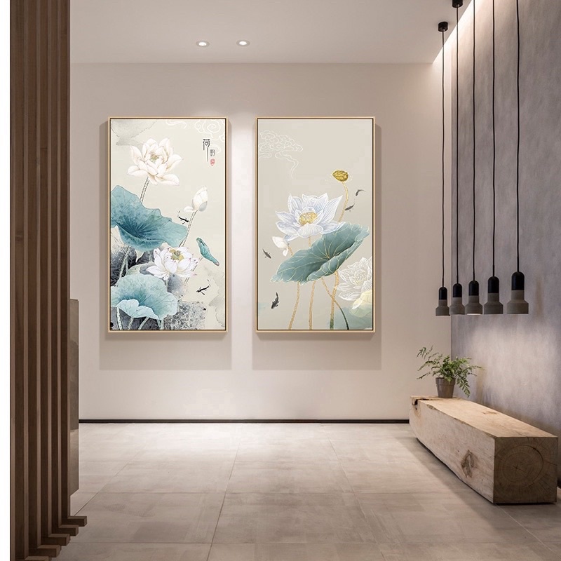 Tranh hoa sen lụa kim sa - size 40x80 - hoặc theo yêu cầu