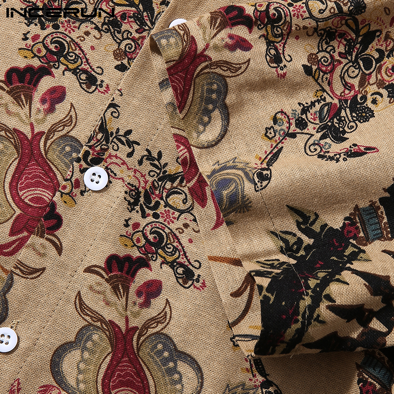 Áo Sơ Mi INCERUN Bằng Cotton Tay Ngắn Họa Tiết In Phong Cách Dân Tộc Cho Nam