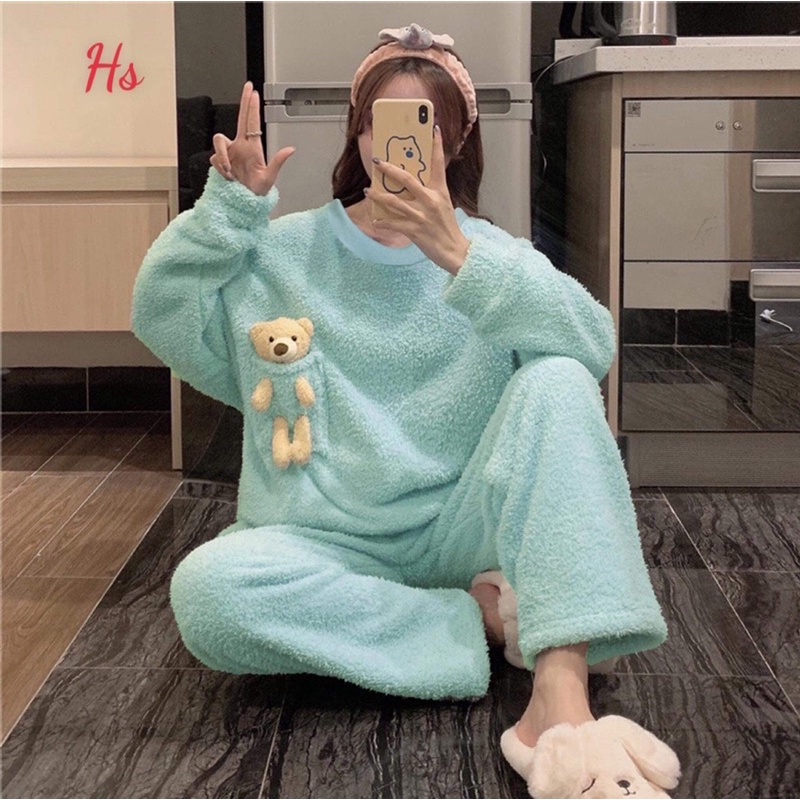 Bộ áo lông xanh kèm gấu nhỏ HSU1