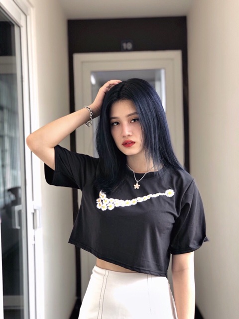 Áo Croptop Mặt Trăng Hoa Cúc Form Rộng Ảnh Thật