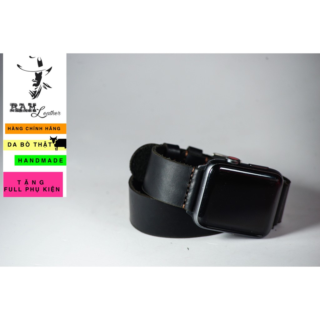 Dây đồng hồ RAM Leather da bò cao cấp màu đen RAM Leather doublestrap - tặng khóa chốt và cây thay dây