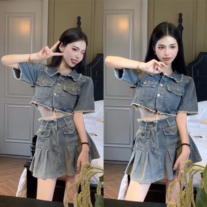 Set áo jeans croptop mix chân váy xếp ly nắp túi tua viền siêu hot-sét bộ đồ đi chới chất bò dáng ngắn váy ngắn hàn quốc