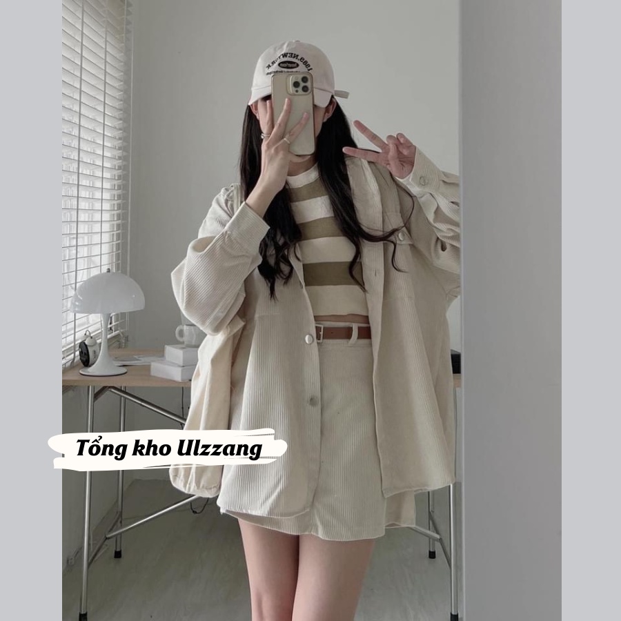 Set áo khoác sơ mi nhung tăm dài tay mix chân váy chữ A trẻ trung
