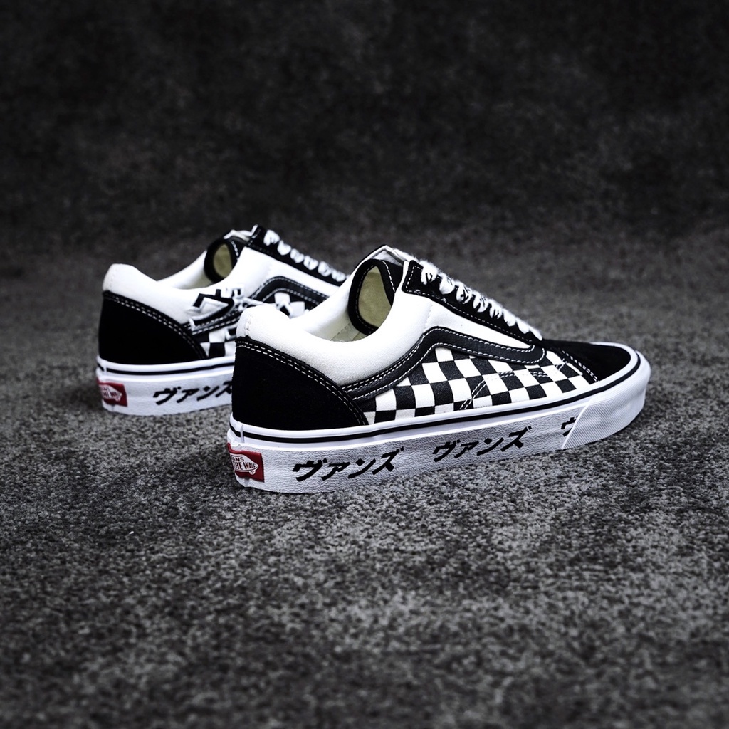 Giày Thể Thao Vans Old Skool Vải Canvas Cổ Thấp Họa Tiết Sọc Caro Trắng Đen Phong Cách Nhật Bản