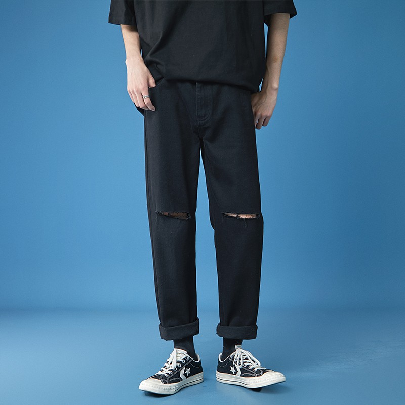 Quần jean đen rách gối , ông rộng ,  form baggy nam nữ , basic , không phai màu phong cách Hàn Quốc | BigBuy360 - bigbuy360.vn