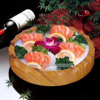Khay bày sushi, sashimi vân gỗ hình tròn 3 kích cỡ, khay nhựa chịu nước chất liệu ABS bền đẹp có kèm vỉ lót ngăn đá