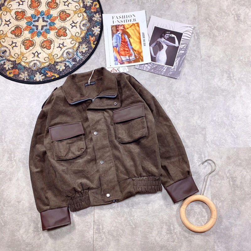 Áo khoác nhung phối da