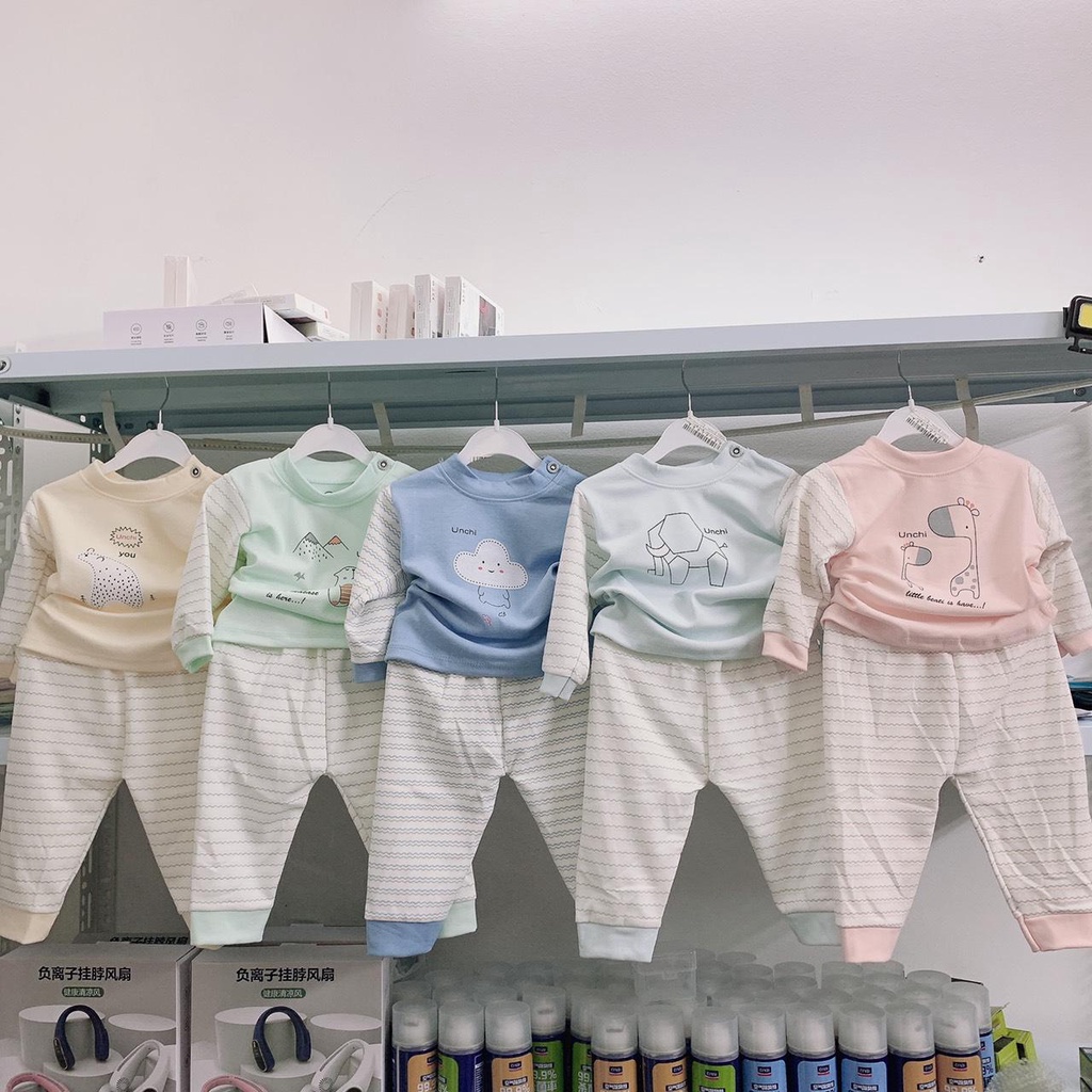 Bộ quần áo dài tay chui cổ cúc cài vai cotton nỉ mềm mùa đông Unchi co giãn 4 chiều 5-14kg