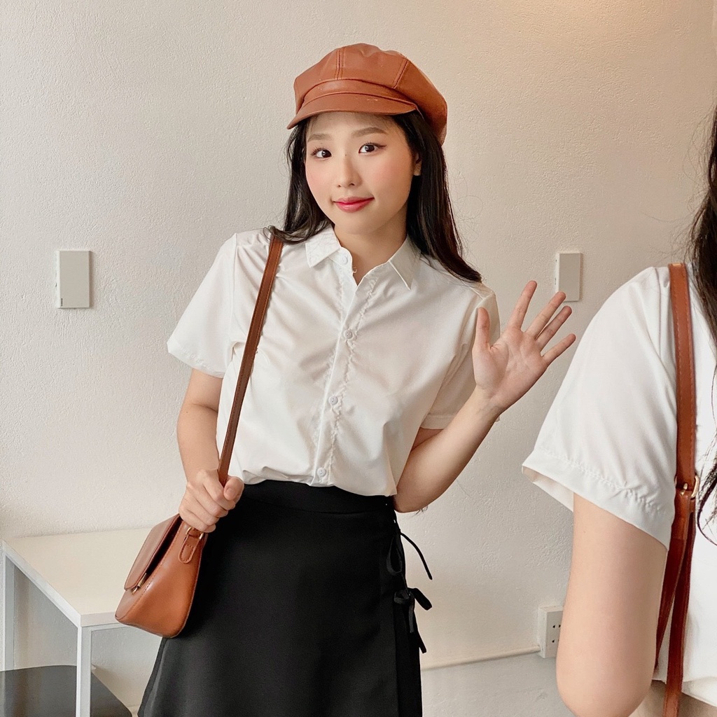 Áo sơ mi nữ tay ngắn FM Style form ôm basic mang đi học đi làm phong cách Ulzzang thời trang 220211001