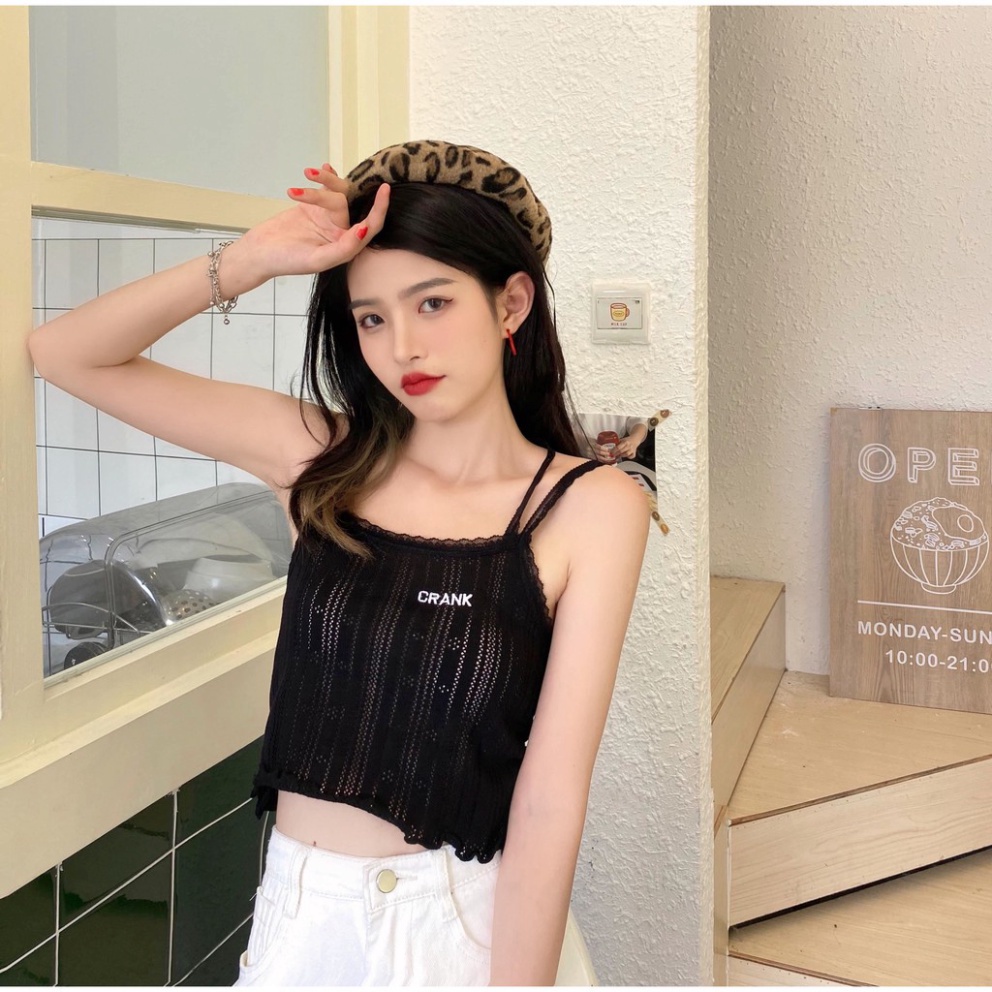 Áo croptop 2 dây ren ôm body thêu chữ CRANK chất liệu dệt kim cao cấp -ACN26 nội y xanh chất cực đẹp, sang chảnh, đồ lót