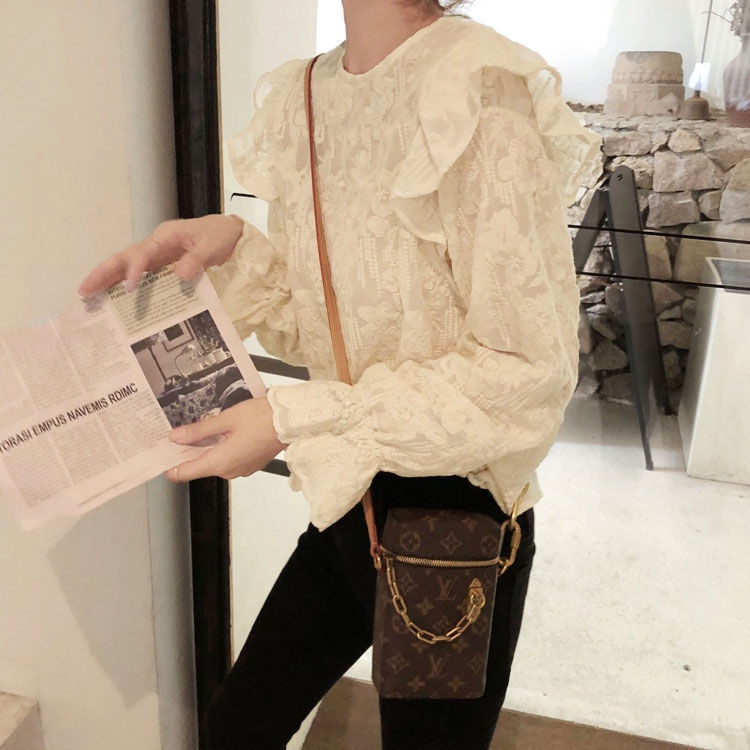 Trendy Trumpet Sleeve Lace Lace Shirt for Women 2022 Spring New Retro Sweet Long Sleeve Lace Top Ins Fashion