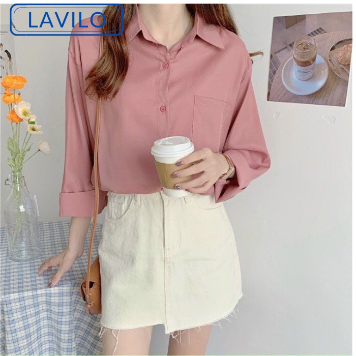 Áo sơ mi nữ form rộng nhiều màu tay dài công sở có thể khoác ngoài chất lụa hàn thoáng mát LAVILO SM05