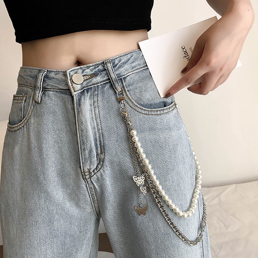Quần jean phối xích hình bướm và chuỗi ngọc trai thời trang phong cách Punk ấn tượng cho nữ