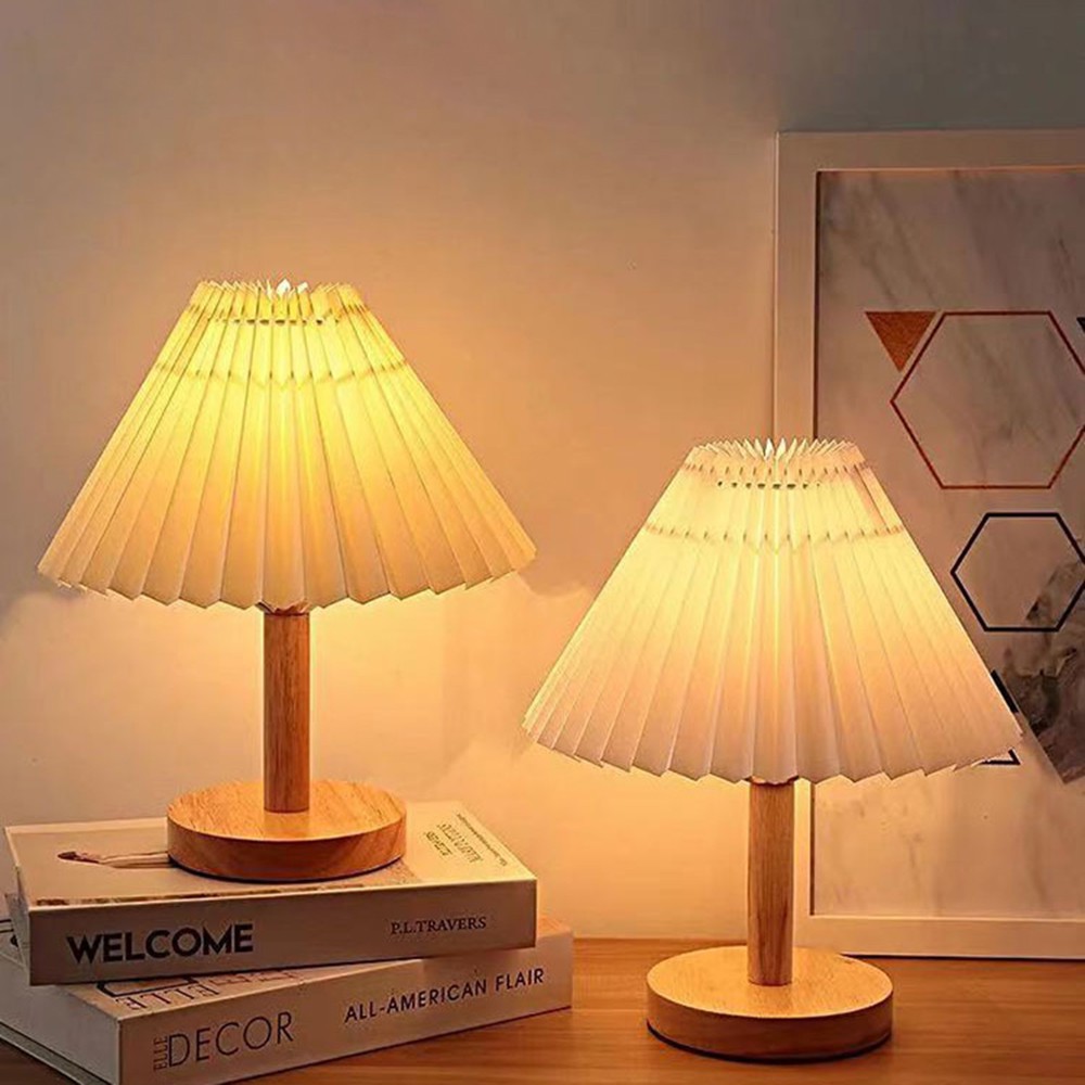 [sweet] Creative Bedroom warm light Pleated Table Lamp Bed Solid Wood Light Decor