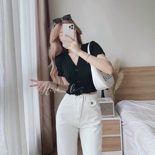 Áo croptop, áo len cộc 3 cúc, cổ v viền bèo thời trang hàn quốc ulzzang cho nữ