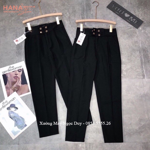 Quần baggy cạp cao nữ 4 cúc bấm công sở màu đen dáng quần tây nữ đi học làm dài may vải Vitex dày phối áo sơ mi cá tính