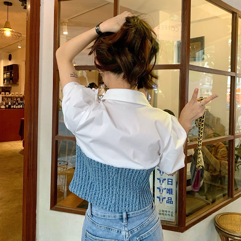 Denim spliced shirt female designer minority spring and summer  new French retro slim and thin short-sleeved blouse