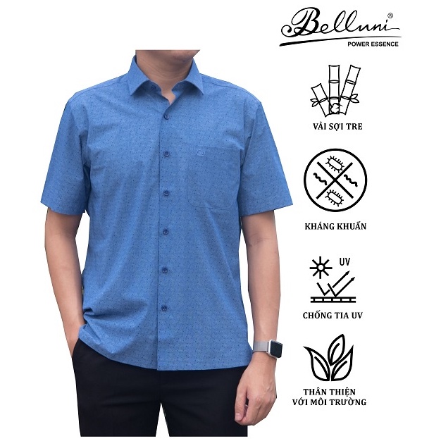 Áo sơ mi nam ngắn tay BELLUNI chất Bamboo màu xanh navy hoạ tiết in sang trọng - ABN.BPS.BE.200.B5