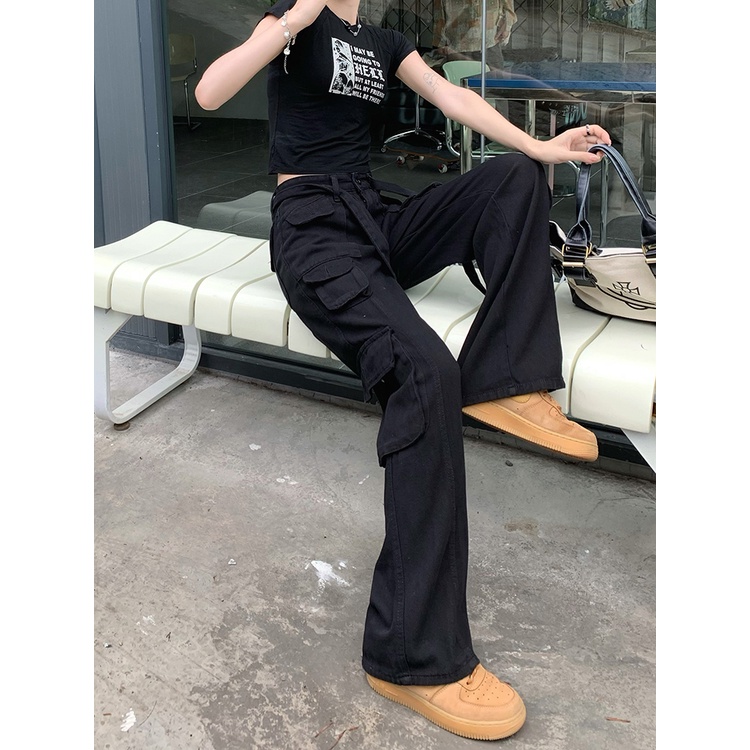 QADCOL Quần Jean Lưng Thấp Ống Rộng Phối Túi Cá Tính Theo Phong Cách 2022