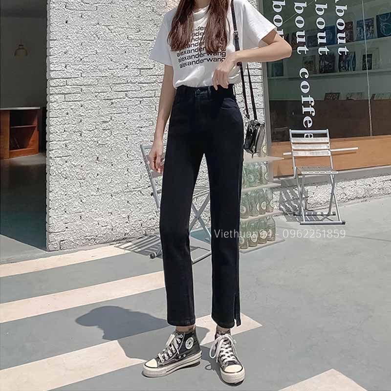 Quần jeans ống đứng xẻ gấu co dãn cạp cao lên phom chuẩn đẹp