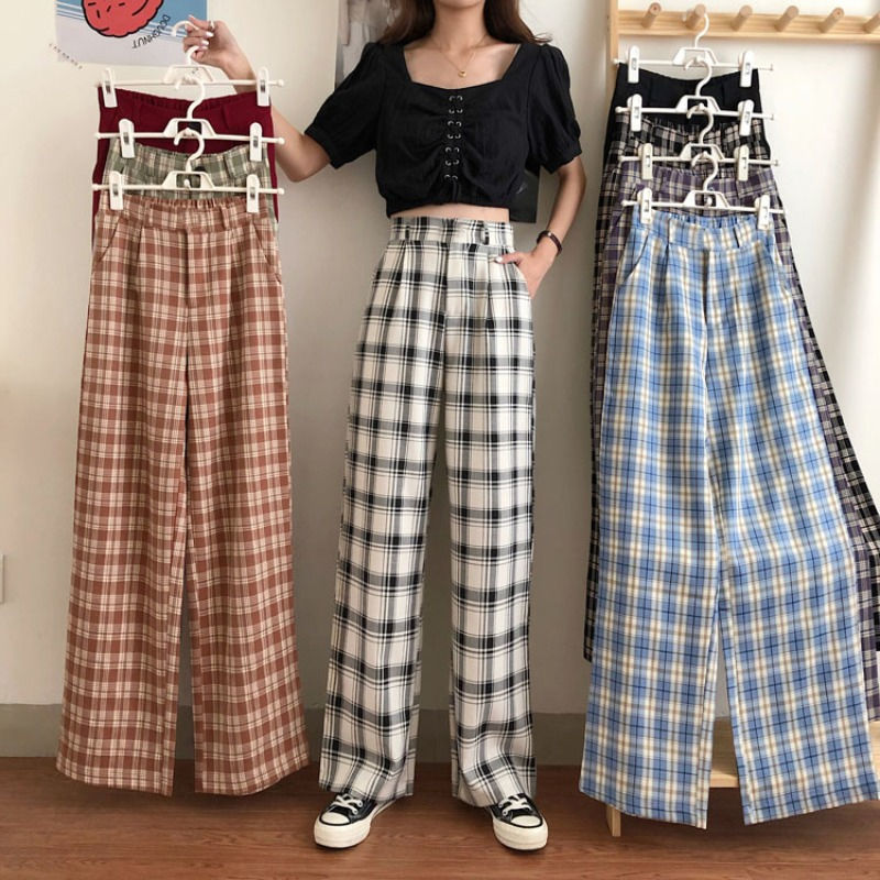 New High Waist Slim Check Plaid Casual Pants Women Loose Sports Straight Wide Leg Pants