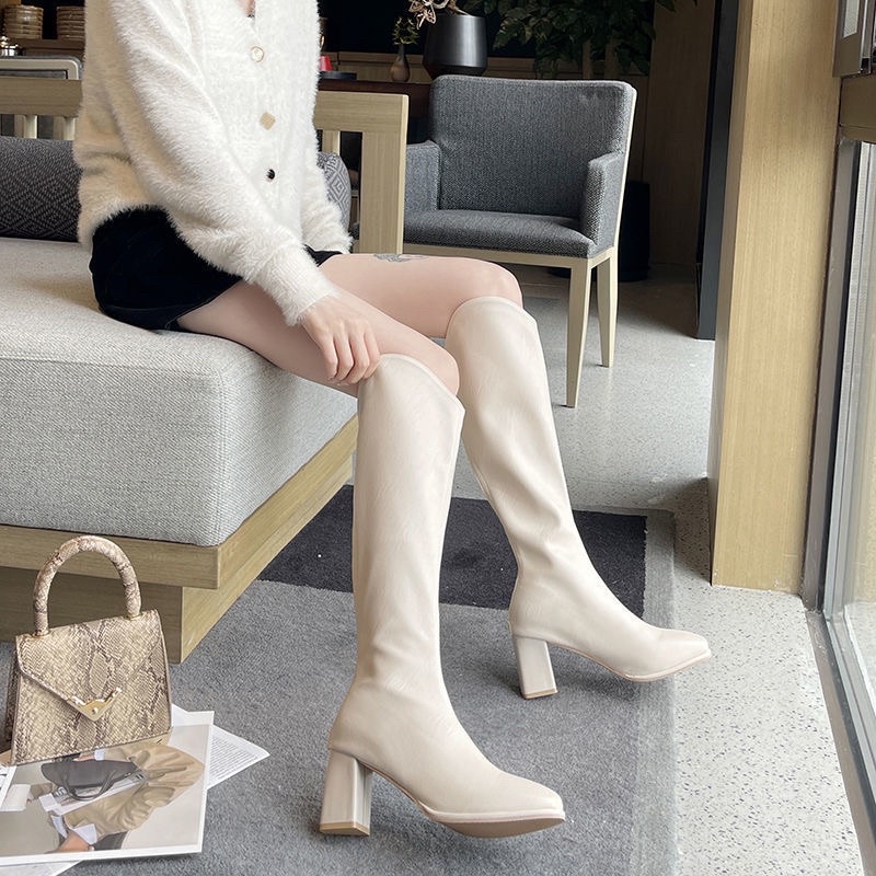 Giày boot da nữ cao cổ da mềm gót vuông ôm chân cao 7cm