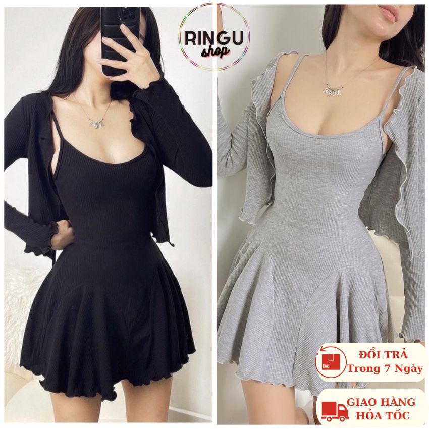 Set đầm hai dây kèm áo khoác chất thun gân- Ringu shop