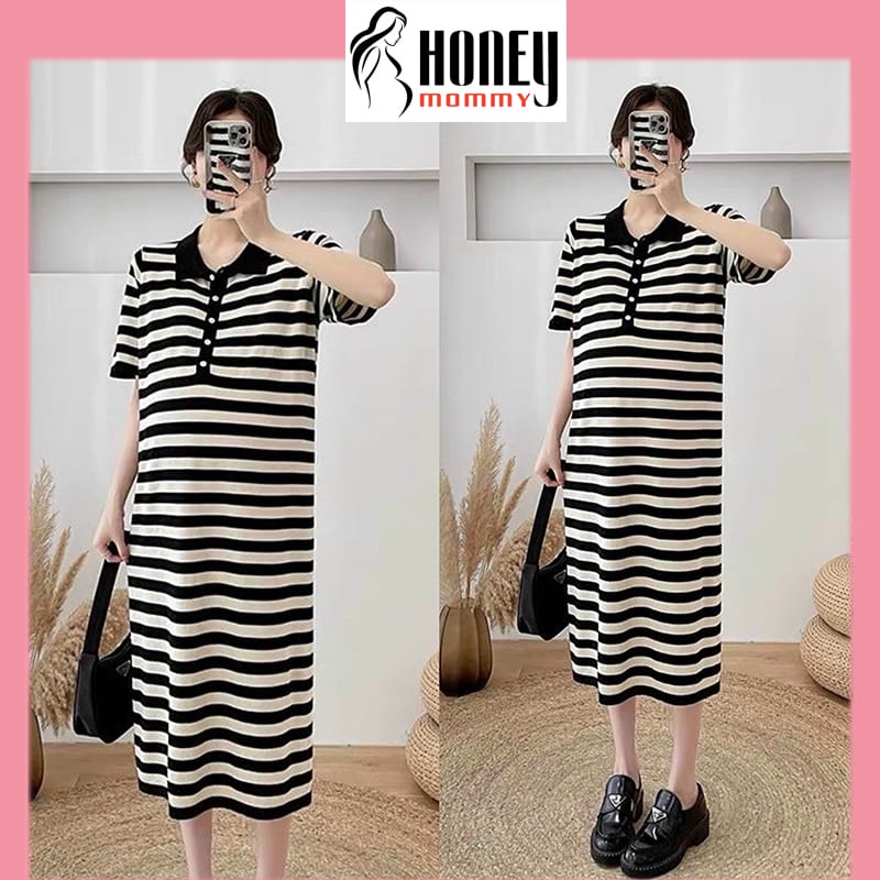 Đầm Bầu Xuông Kẻ Ngang Váy Bầu Mùa Hè Dáng Dài Chất Zip Co Giãn Mềm Mại Có Cổ Công Sở HD2917 Honey Mommy