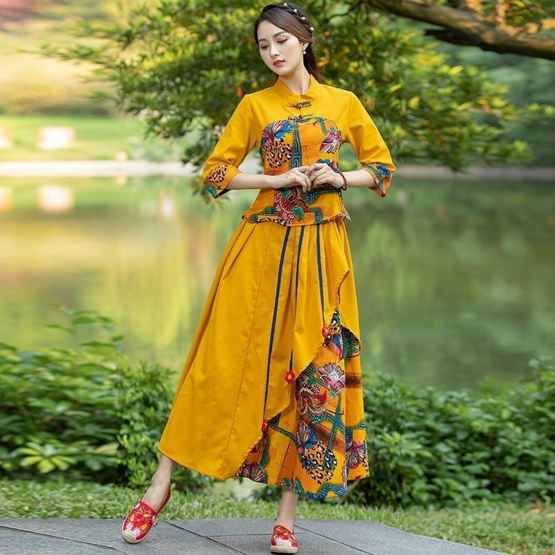 Bộ Đồ Sườn Xám Cách Tân Vải Cotton Lanh Cài Khóa Kiểu Trung Hoa Retro