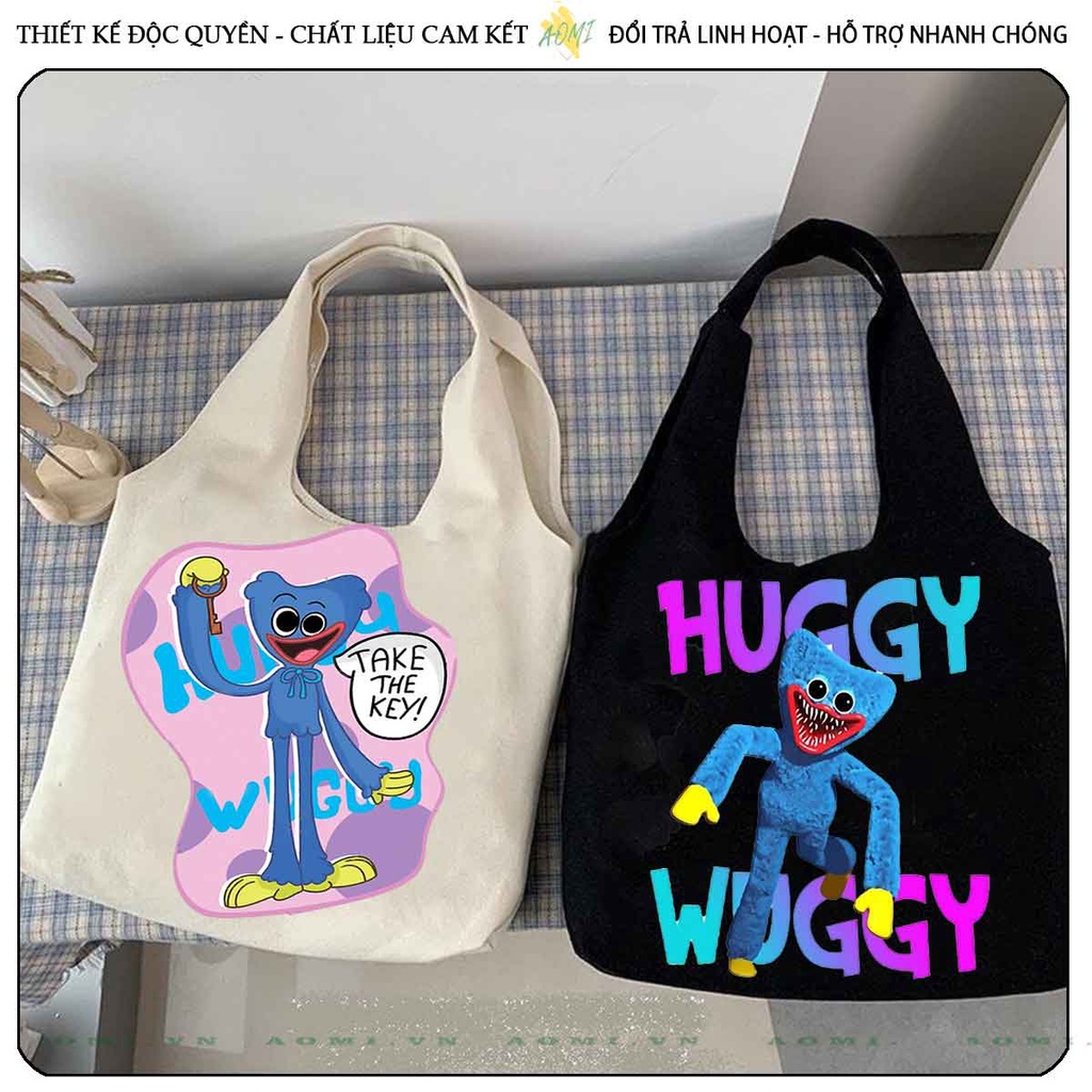 TOTE CANVAS HUGGY WUGGY FORM TRÒN TÚI VẢI ĐEO VAI BAG NÚT BẤM SIZE LỚN AOMIVN DU LỊCH  MÀU ĐEN TRẮNG