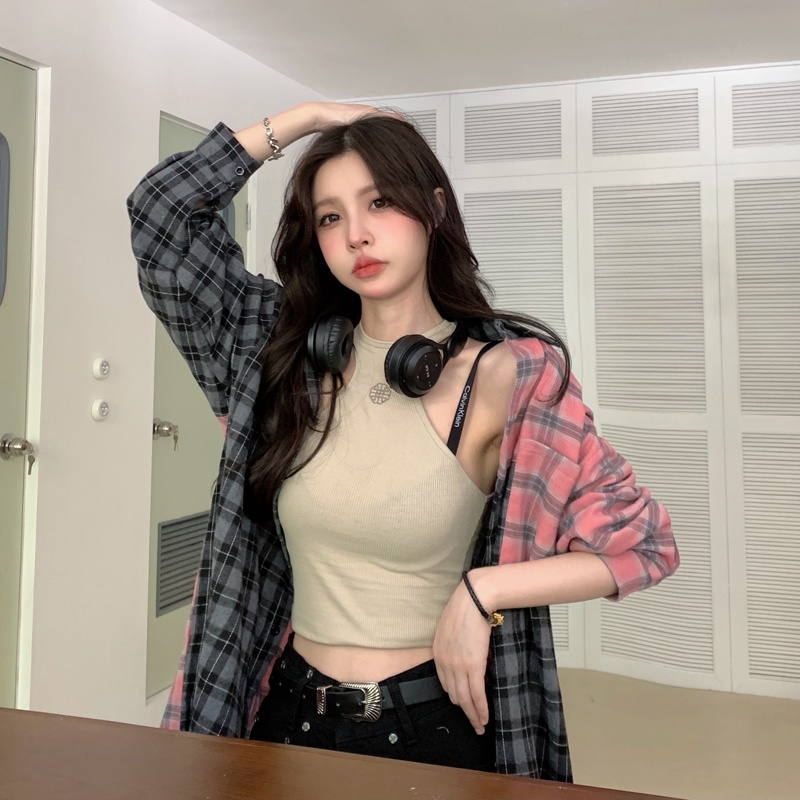 SUXI Áo Sơ Mi Caro Tay Dài Dáng Rộng Phong Cách Vintage Cho Nữ