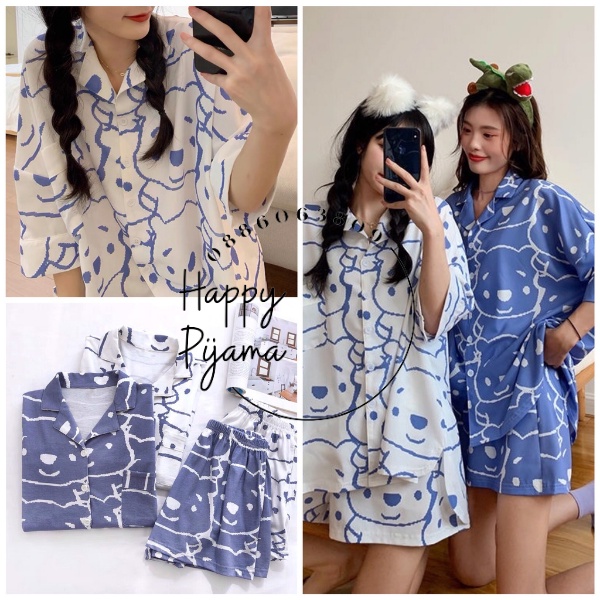 Bộ ngủ Pijama Cotton Hình Gấu CỰC HOT Hai Màu Xanh, Trắng
