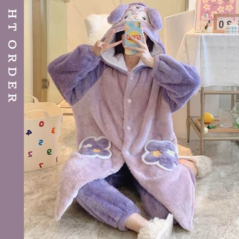 ORDER_ Váy Ngủ Bông Thỏ Tím Túi Hoa Phong Cách Năng Động