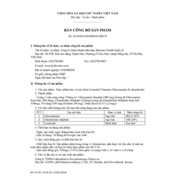 VIÊN UỐNG TÁI TẠO SỤN KHỚP GLUCOSAMINE SIBERI