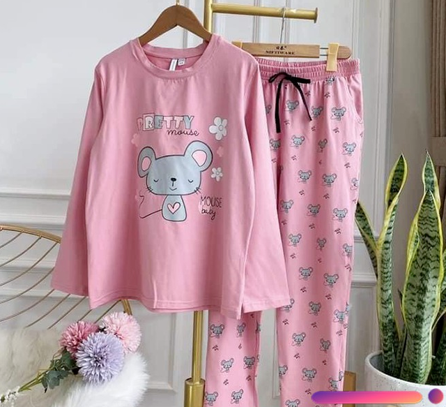 đồ bộ nữ mặc nhà dài tay chất liệu cotton in hình chú chuột nhẹ nhàng thanh lịch mặc thu đông dành cho nữ đủ size