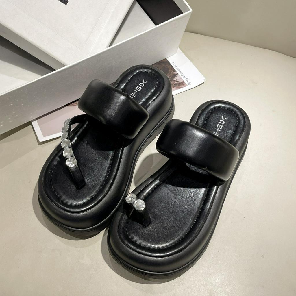 Dép nữ đế đúc su tôn dáng cao 6cm quai đính đá rubi 2 kiểu