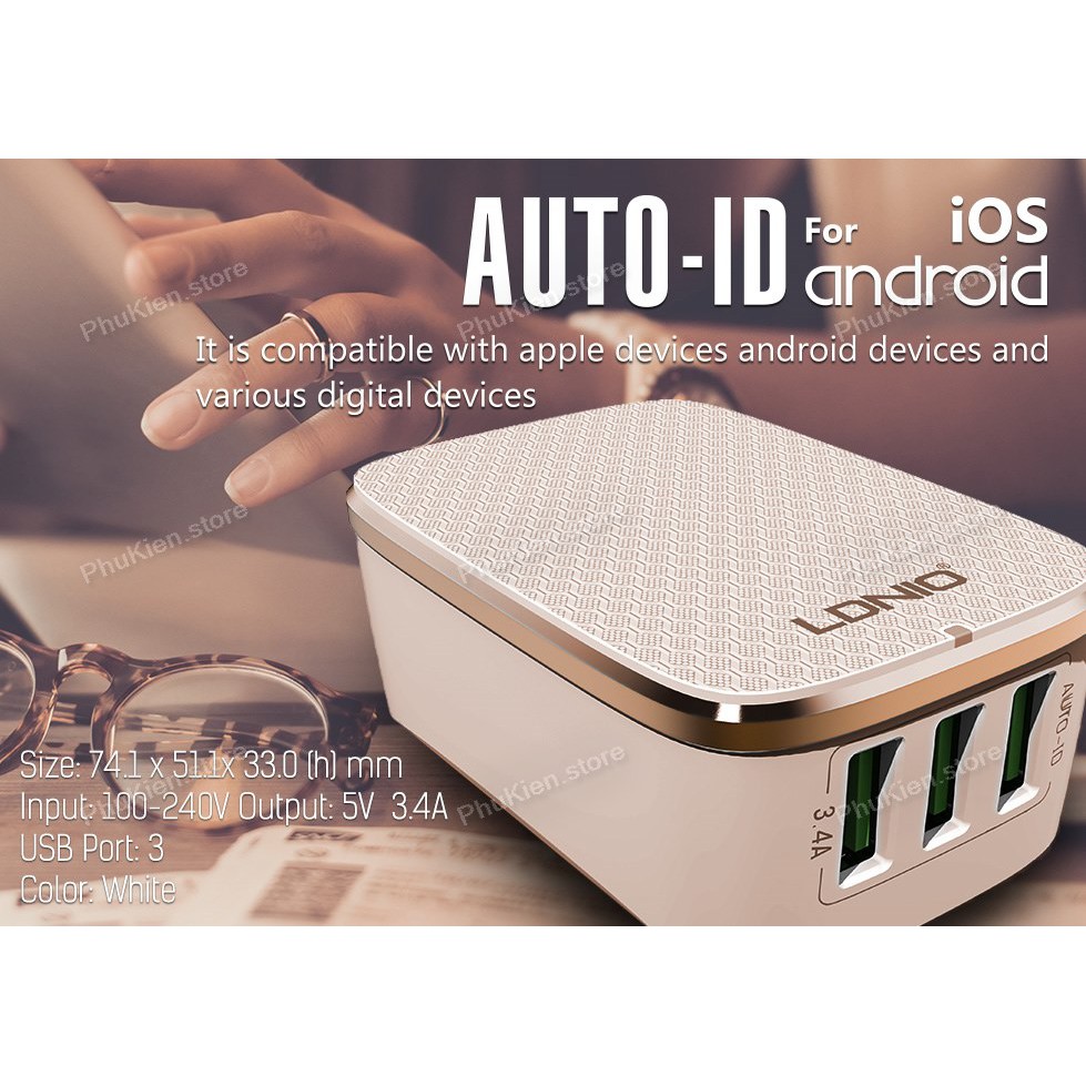Cốc sạc điện thoại cao cấp Android iPhone có IC ổn dòng bảo vệ thiết bị LDNIO A3304 Trắng 3 USB