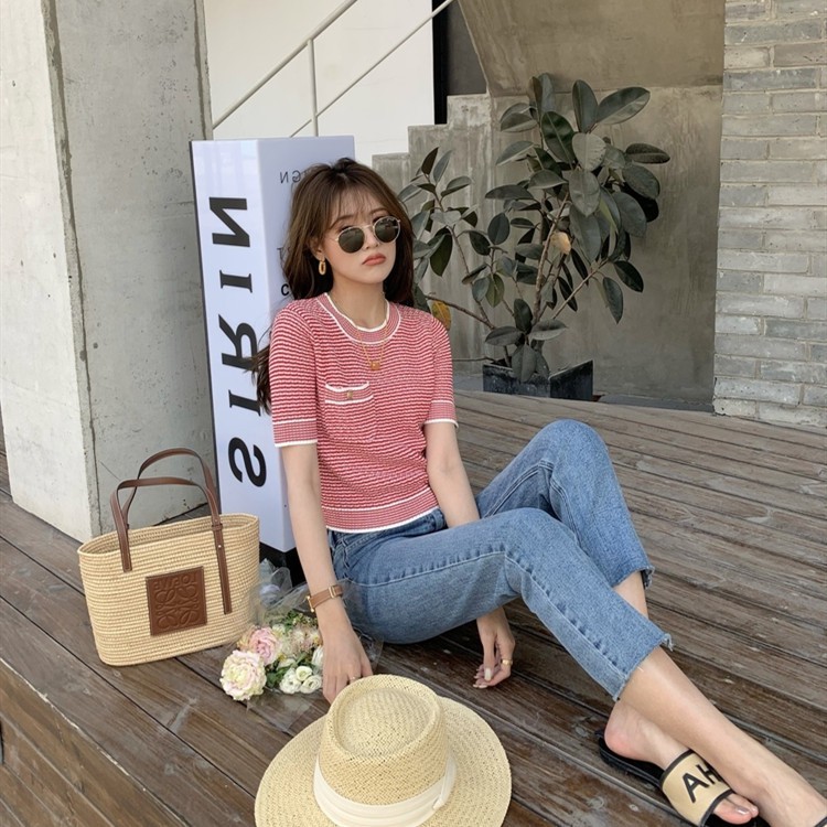 Porozi  Áo Thun Dệt Kim Cổ Tròn Kẻ Sọc Kiểu Hàn Quốc Xinh Xắn Cho Nữ