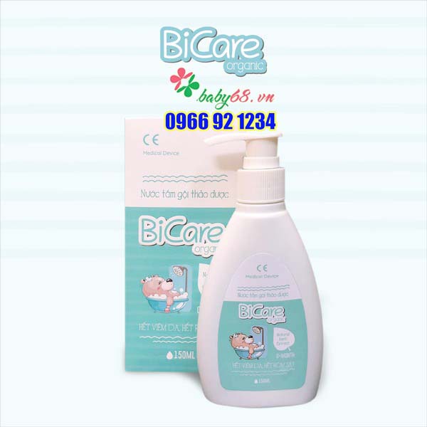 Nước tắm gội thảo dược Bicare Organic cho trẻ sơ sinh giúp ngăn ngừa viêm da, rôm sảy