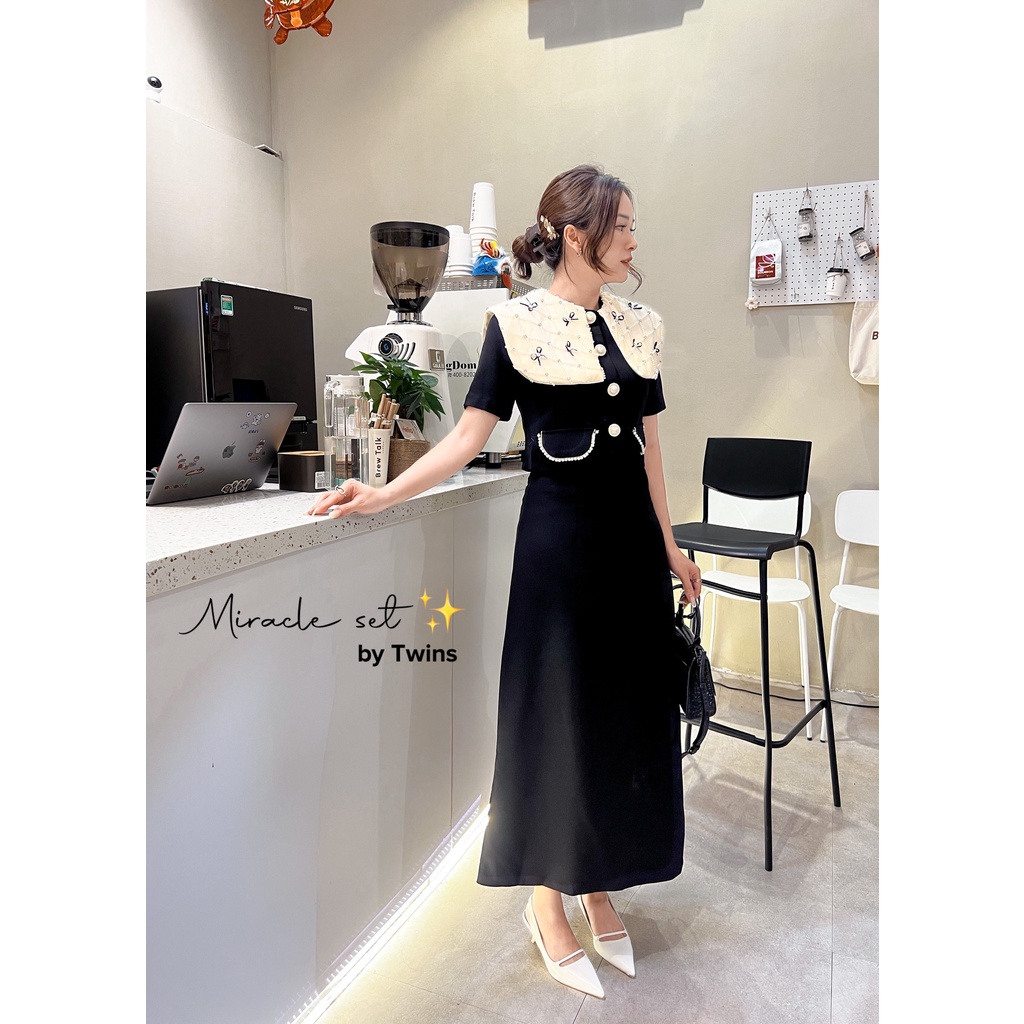 Set đồ nữ Áo cổ nơ ngọc + chân váy suông (Miracle set) by Twins MÀU ĐEN