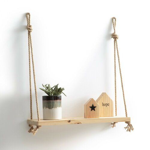 Kệ gỗ treo tường dây thừng 10X30cm 1 tầng có khoan gỗ, kệ gỗ trang trí decor có thể để đồ lưu niệm lọ hoa cây cảnh