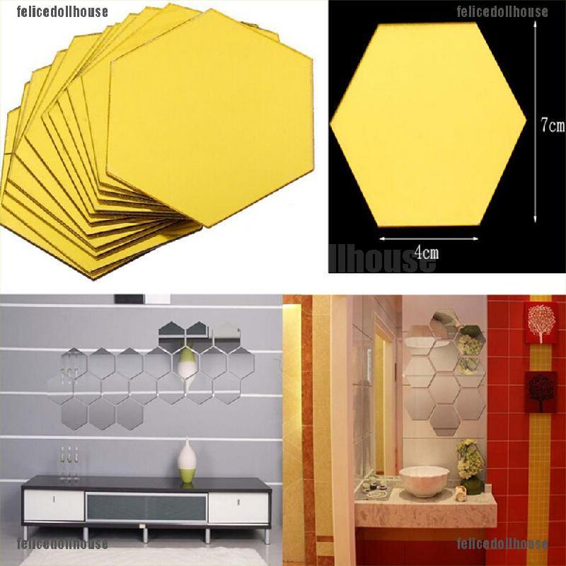 Set 12 miếng dán tường hình lục giác tráng gương 3D độc đáo DIY