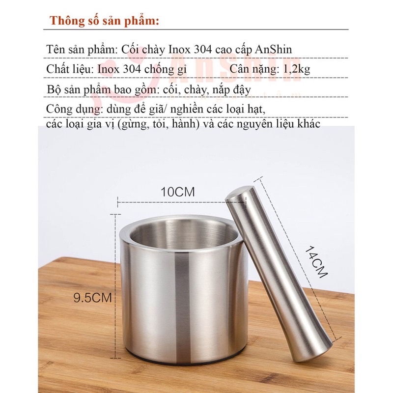 Bộ cối chày inox 304 cao cấp chống nấm mốc độc hại