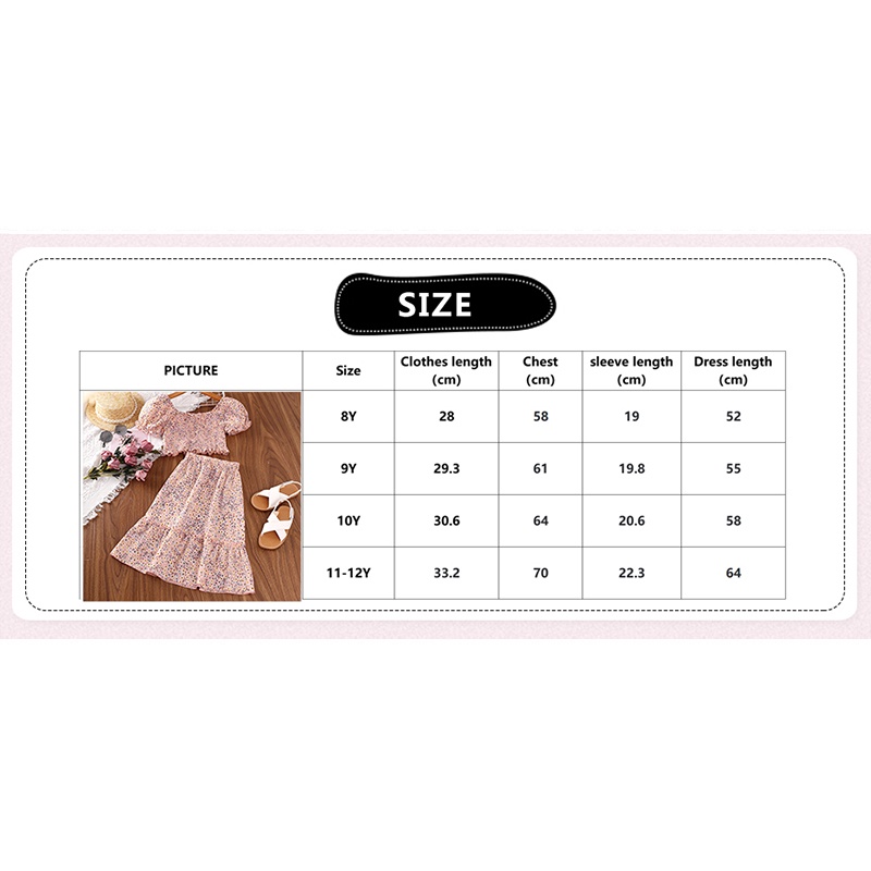 Set đồ 2 mảnh SIYYIS gồm áo croptop tay phồng kèm chân váy hoa vải chiffon co giãn thời trang cho bé gái 8-12 tuổi