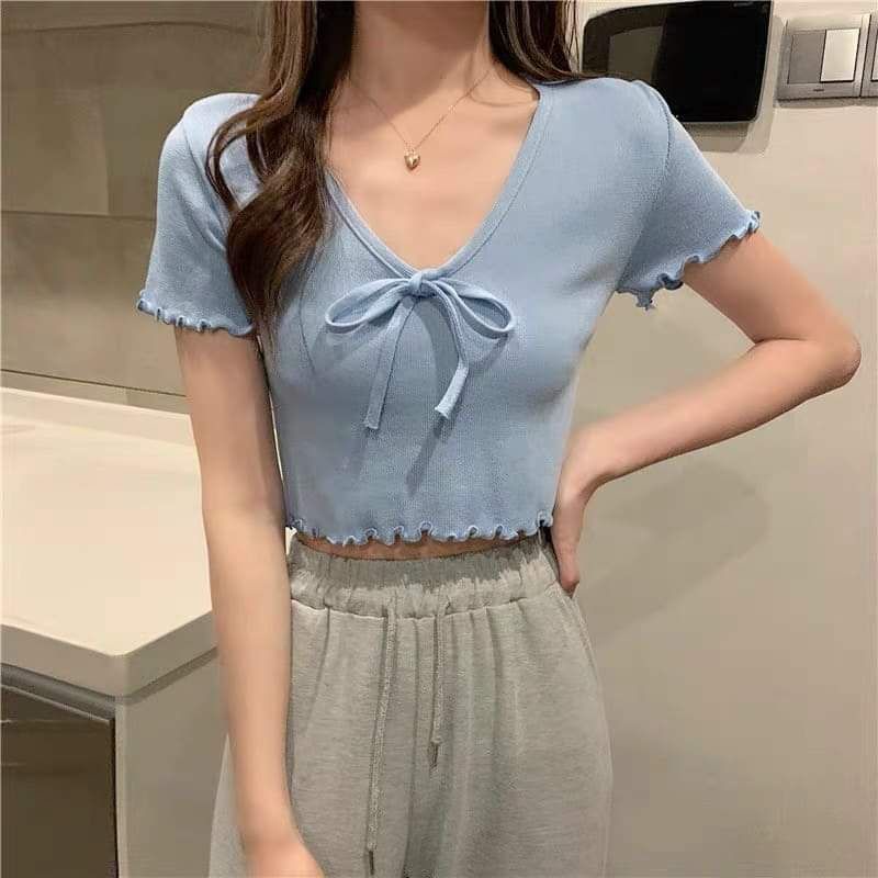 Áo croptop cổ V buộc nơ hàng QC