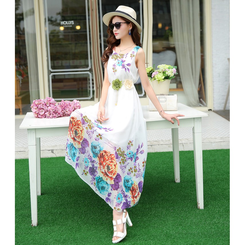 Đầm maxi voan hoa kèm dây thắt lưng DX08 - Đầm suông maxi đi biển, đi dạo phố | BigBuy360 - bigbuy360.vn